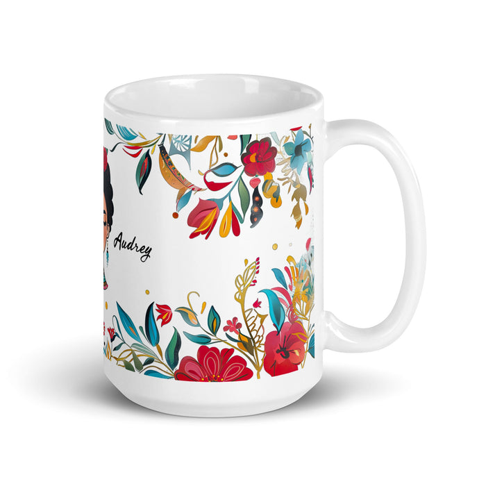 Audrey Exclusive Name Art Piece Home Office Work Coffee Mug Mexican Spanish Pride Gift Cup One - Of - A - Kind Calligraphy White Glossy Mug | A13 - Mexicada