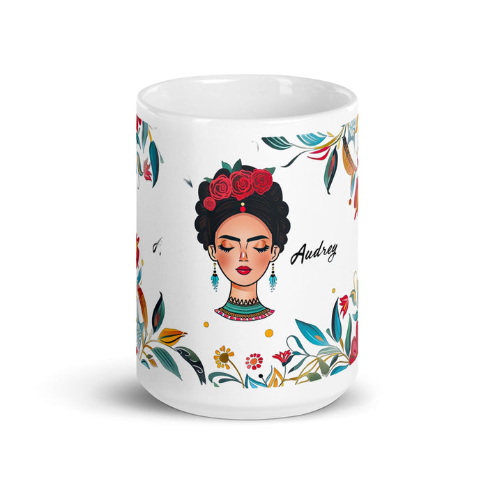 Audrey Exclusive Name Art Piece Home Office Work Coffee Mug Mexican Spanish Pride Gift Cup One-Of-A-Kind Calligraphy White Glossy Mug | A13 Mexicada