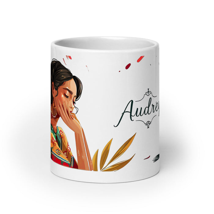 Audrey Exclusive Name Art Piece Home Office Work Coffee Mug Mexican Spanish Pride Gift Cup One - Of - A - Kind Calligraphy White Glossy Mug | A14 - Mexicada