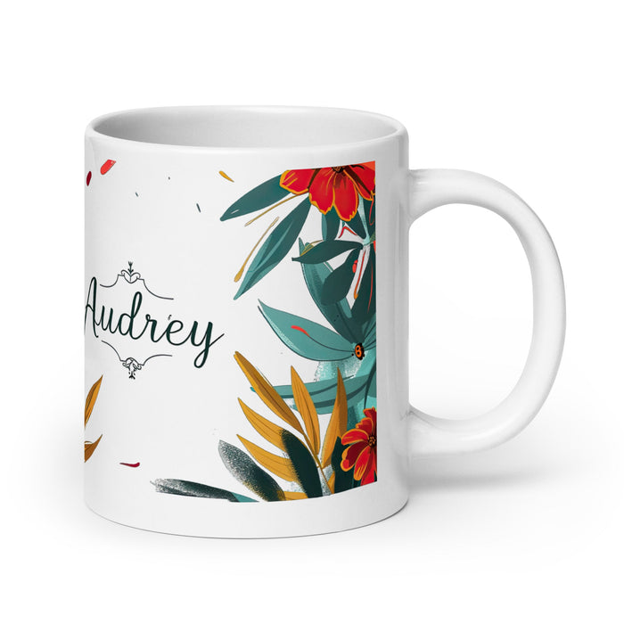 Audrey Exclusive Name Art Piece Home Office Work Coffee Mug Mexican Spanish Pride Gift Cup One - Of - A - Kind Calligraphy White Glossy Mug | A14 - Mexicada