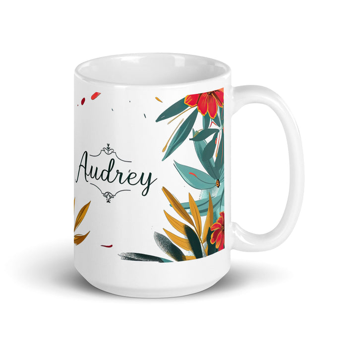 Audrey Exclusive Name Art Piece Home Office Work Coffee Mug Mexican Spanish Pride Gift Cup One - Of - A - Kind Calligraphy White Glossy Mug | A14 - Mexicada