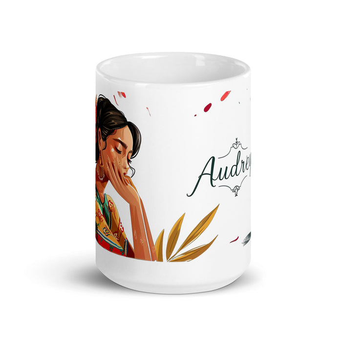 Audrey Exclusive Name Art Piece Home Office Work Coffee Mug Mexican Spanish Pride Gift Cup One - Of - A - Kind Calligraphy White Glossy Mug | A14 - Mexicada