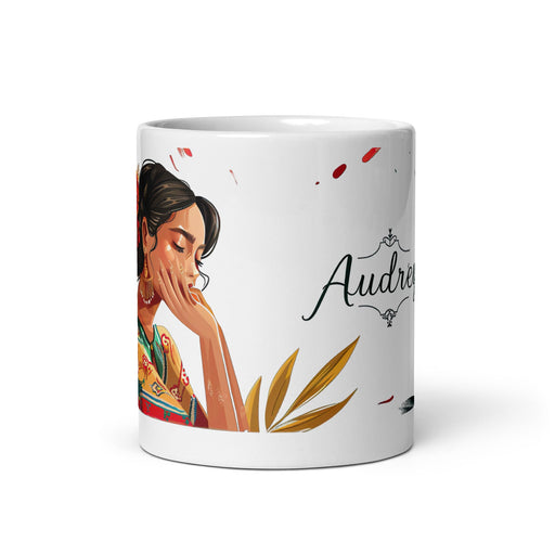 Audrey Exclusive Name Art Piece Home Office Work Coffee Mug Mexican Spanish Pride Gift Cup One - Of - A - Kind Calligraphy White Glossy Mug | A14 - Mexicada