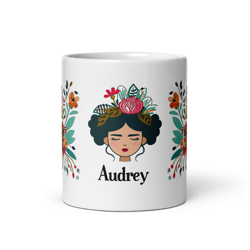 Audrey Exclusive Name Art Piece Home Office Work Coffee Mug Mexican Spanish Pride Gift Cup One - Of - A - Kind Calligraphy White Glossy Mug | A15 - Mexicada