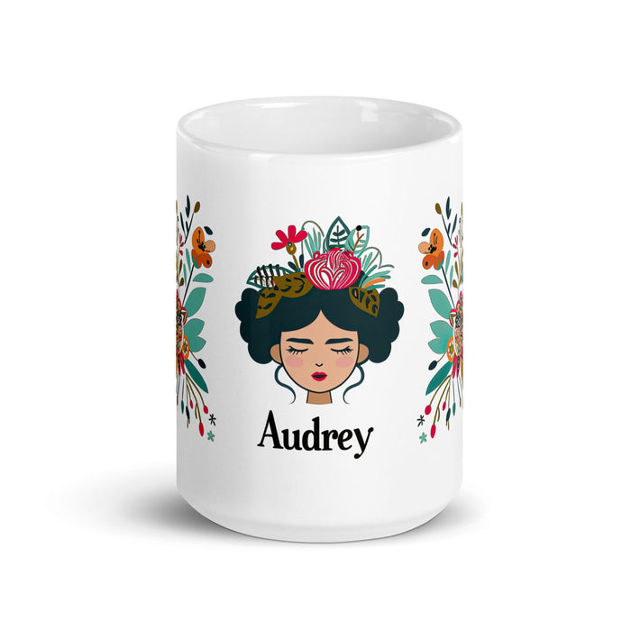 Audrey Exclusive Name Art Piece Home Office Work Coffee Mug Mexican Spanish Pride Gift Cup One - Of - A - Kind Calligraphy White Glossy Mug | A15 - Mexicada