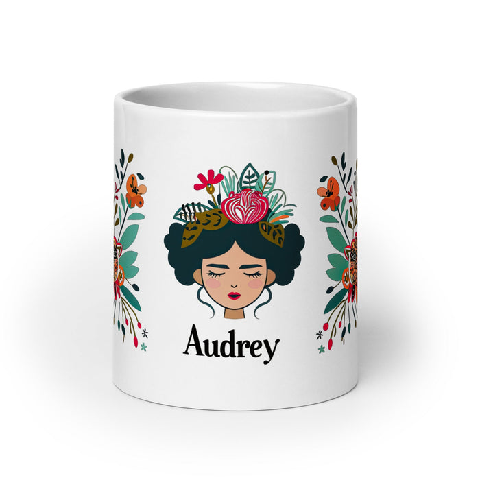 Audrey Exclusive Name Art Piece Home Office Work Coffee Mug Mexican Spanish Pride Gift Cup One - Of - A - Kind Calligraphy White Glossy Mug | A15 - Mexicada