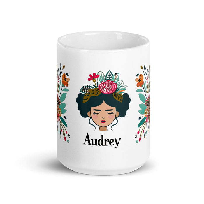 Audrey Exclusive Name Art Piece Home Office Work Coffee Mug Mexican Spanish Pride Gift Cup One-Of-A-Kind Calligraphy White Glossy Mug | A15 Mexicada