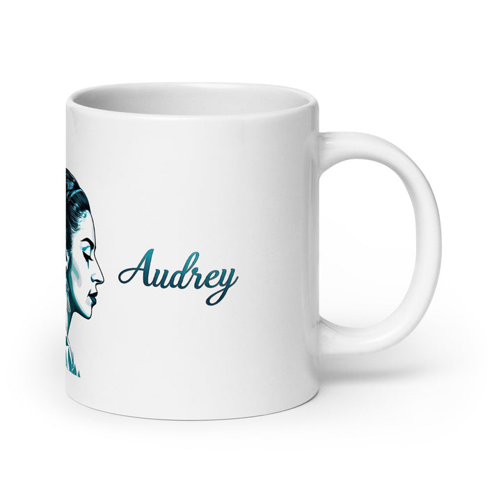 Audrey Exclusive Name Art Piece Home Office Work Coffee Mug Mexican Spanish Pride Gift Cup One - Of - A - Kind Calligraphy White Glossy Mug | A16 - Mexicada