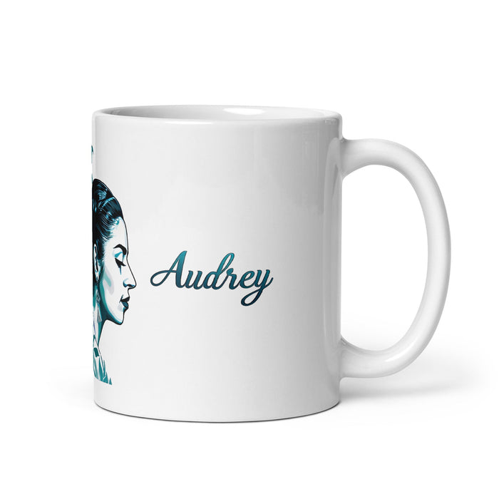 Audrey Exclusive Name Art Piece Home Office Work Coffee Mug Mexican Spanish Pride Gift Cup One - Of - A - Kind Calligraphy White Glossy Mug | A16 - Mexicada