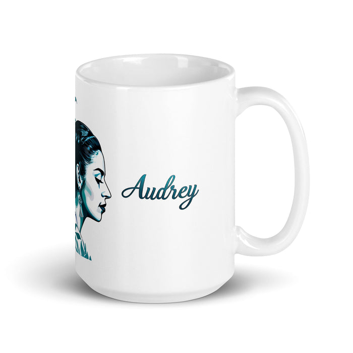 Audrey Exclusive Name Art Piece Home Office Work Coffee Mug Mexican Spanish Pride Gift Cup One - Of - A - Kind Calligraphy White Glossy Mug | A16 - Mexicada