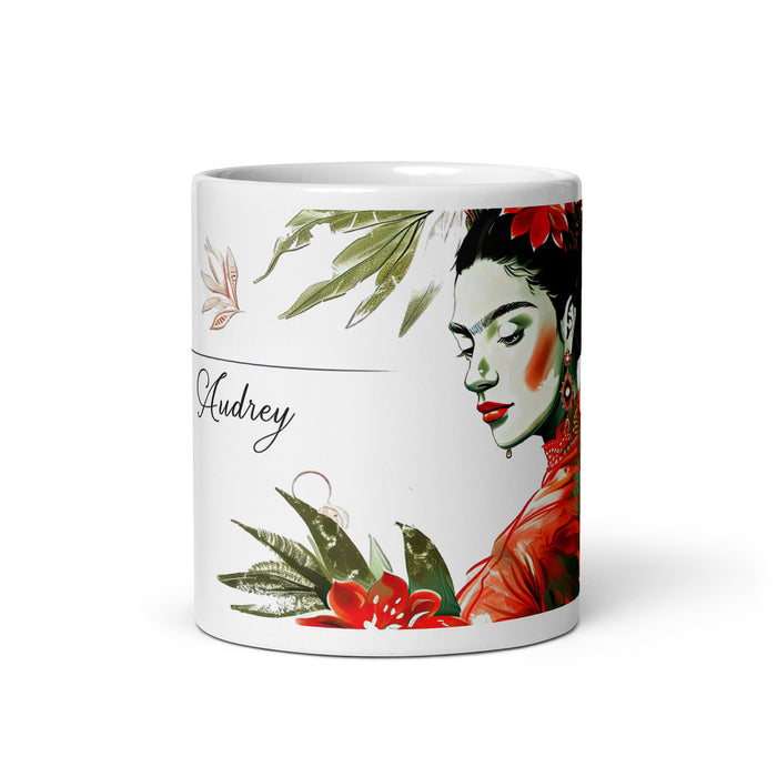 Audrey Exclusive Name Art Piece Home Office Work Coffee Mug Mexican Spanish Pride Gift Cup One - Of - A - Kind Calligraphy White Glossy Mug | A2 - Mexicada