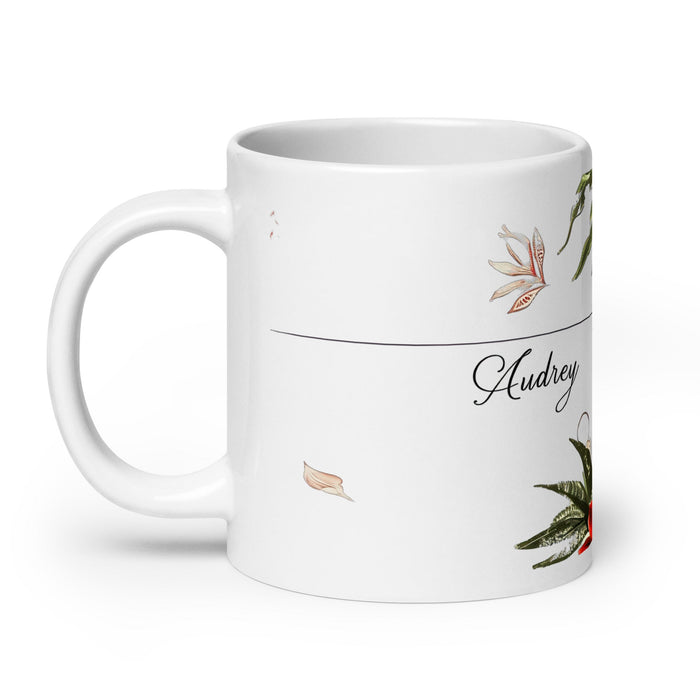 Audrey Exclusive Name Art Piece Home Office Work Coffee Mug Mexican Spanish Pride Gift Cup One - Of - A - Kind Calligraphy White Glossy Mug | A2 - Mexicada