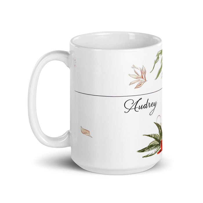 Audrey Exclusive Name Art Piece Home Office Work Coffee Mug Mexican Spanish Pride Gift Cup One - Of - A - Kind Calligraphy White Glossy Mug | A2 - Mexicada