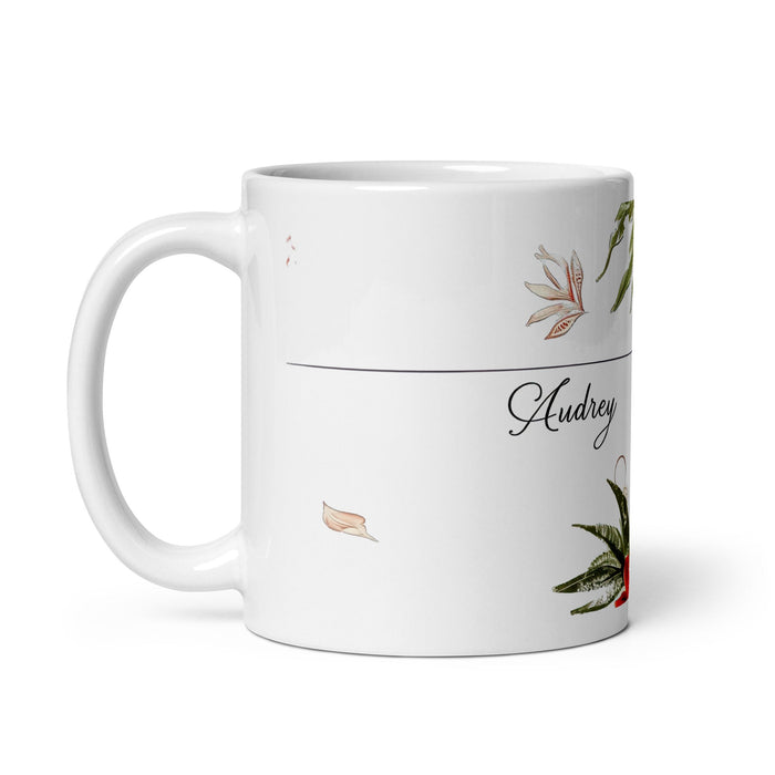 Audrey Exclusive Name Art Piece Home Office Work Coffee Mug Mexican Spanish Pride Gift Cup One - Of - A - Kind Calligraphy White Glossy Mug | A2 - Mexicada