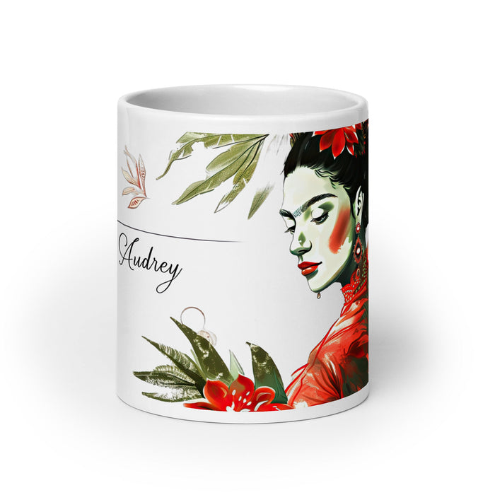 Audrey Exclusive Name Art Piece Home Office Work Coffee Mug Mexican Spanish Pride Gift Cup One - Of - A - Kind Calligraphy White Glossy Mug | A2 - Mexicada