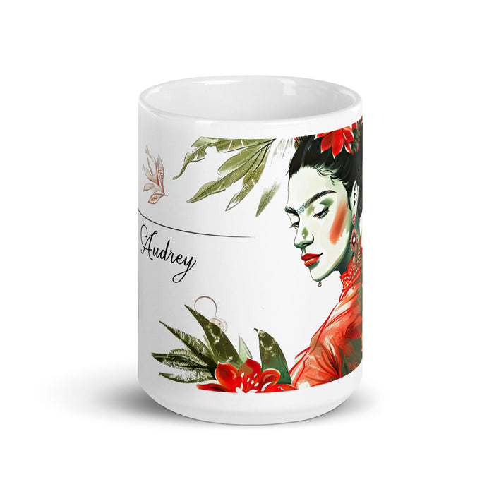 Audrey Exclusive Name Art Piece Home Office Work Coffee Mug Mexican Spanish Pride Gift Cup One - Of - A - Kind Calligraphy White Glossy Mug | A2 - Mexicada