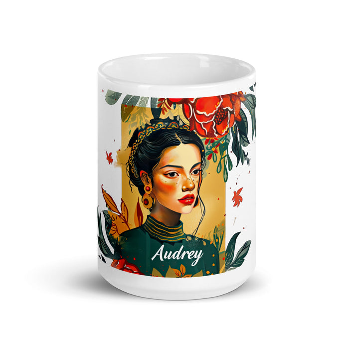 Audrey Exclusive Name Art Piece Home Office Work Coffee Mug Mexican Spanish Pride Gift Cup One - Of - A - Kind Calligraphy White Glossy Mug | A3 - Mexicada