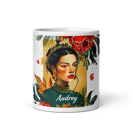 Audrey Exclusive Name Art Piece Home Office Work Coffee Mug Mexican Spanish Pride Gift Cup One - Of - A - Kind Calligraphy White Glossy Mug | A3 - Mexicada