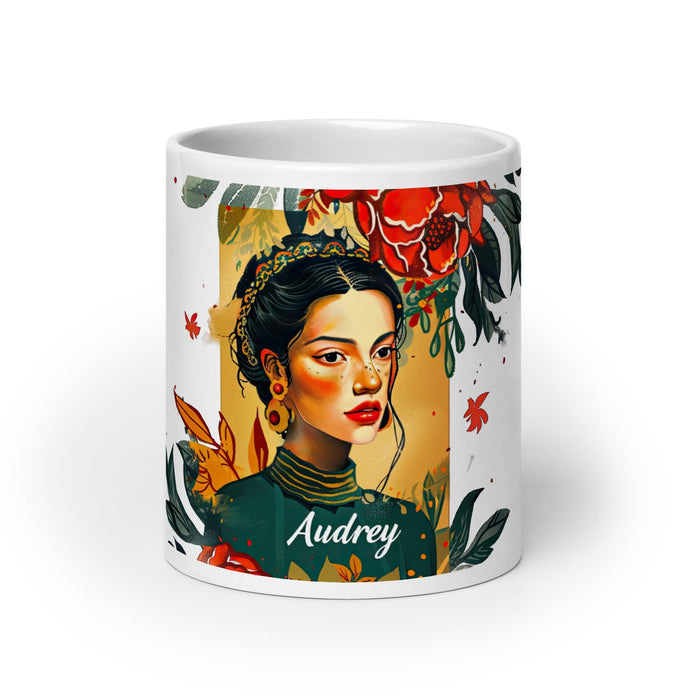 Audrey Exclusive Name Art Piece Home Office Work Coffee Mug Mexican Spanish Pride Gift Cup One-Of-A-Kind Calligraphy White Glossy Mug | A3 Mexicada