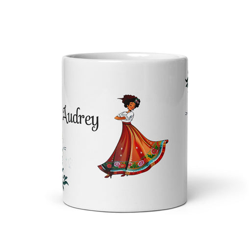 Audrey Exclusive Name Art Piece Home Office Work Coffee Mug Mexican Spanish Pride Gift Cup One - Of - A - Kind Calligraphy White Glossy Mug | A4 - Mexicada