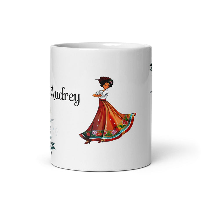 Audrey Exclusive Name Art Piece Home Office Work Coffee Mug Mexican Spanish Pride Gift Cup One-Of-A-Kind Calligraphy White Glossy Mug | A4 Mexicada