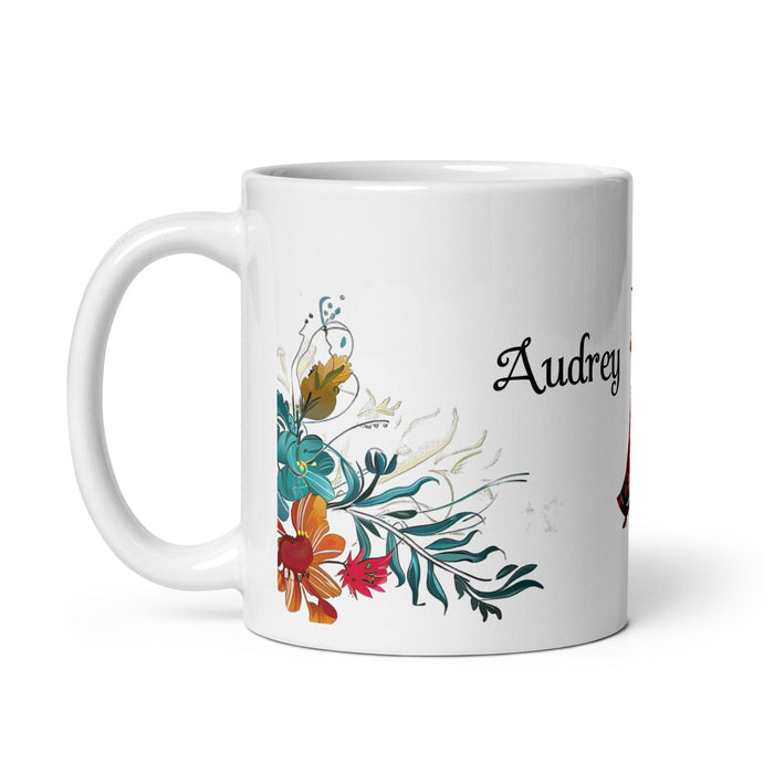 Audrey Exclusive Name Art Piece Home Office Work Coffee Mug Mexican Spanish Pride Gift Cup One-Of-A-Kind Calligraphy White Glossy Mug | A4 Mexicada