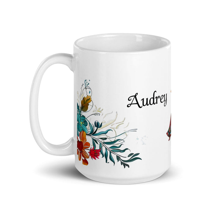 Audrey Exclusive Name Art Piece Home Office Work Coffee Mug Mexican Spanish Pride Gift Cup One-Of-A-Kind Calligraphy White Glossy Mug | A4 Mexicada