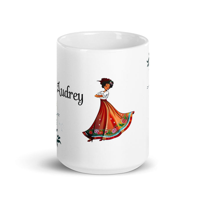 Audrey Exclusive Name Art Piece Home Office Work Coffee Mug Mexican Spanish Pride Gift Cup One-Of-A-Kind Calligraphy White Glossy Mug | A4 Mexicada