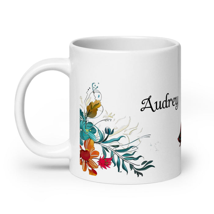 Audrey Exclusive Name Art Piece Home Office Work Coffee Mug Mexican Spanish Pride Gift Cup One-Of-A-Kind Calligraphy White Glossy Mug | A4 Mexicada