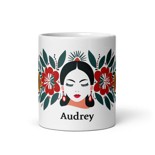 Audrey Exclusive Name Art Piece Home Office Work Coffee Mug Mexican Spanish Pride Gift Cup One - Of - A - Kind Calligraphy White Glossy Mug | A5 - Mexicada