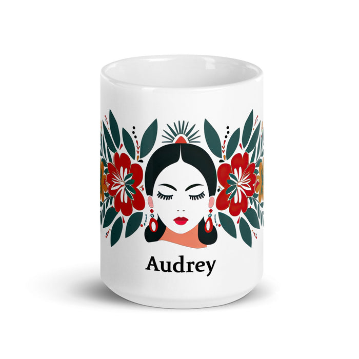 Audrey Exclusive Name Art Piece Home Office Work Coffee Mug Mexican Spanish Pride Gift Cup One - Of - A - Kind Calligraphy White Glossy Mug | A5 - Mexicada