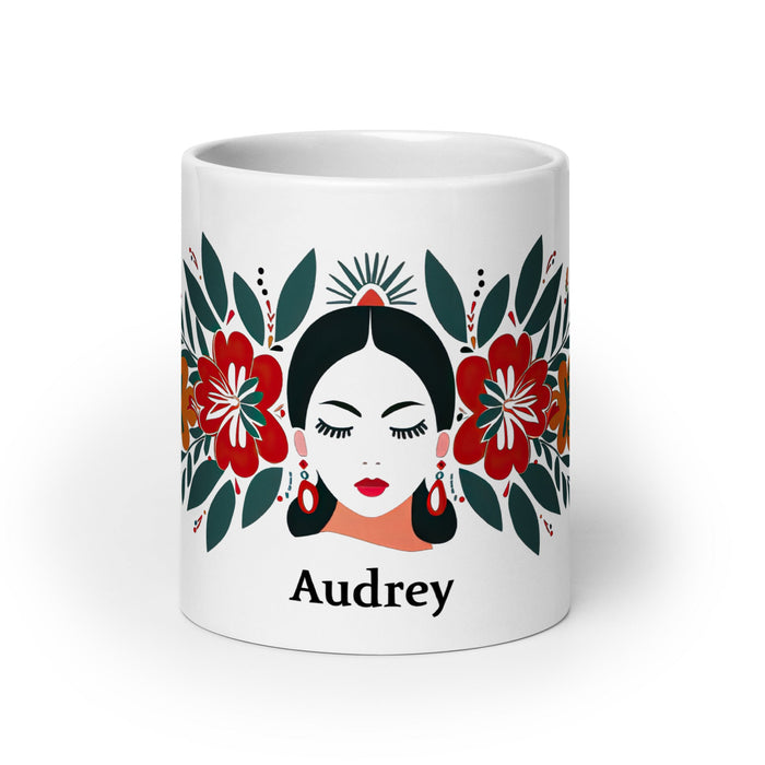 Audrey Exclusive Name Art Piece Home Office Work Coffee Mug Mexican Spanish Pride Gift Cup One - Of - A - Kind Calligraphy White Glossy Mug | A5 - Mexicada