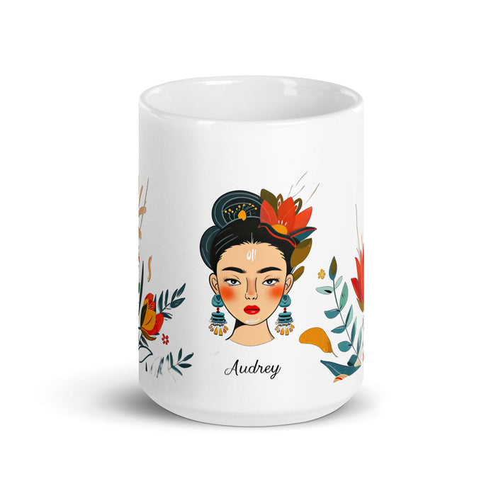 Audrey Exclusive Name Art Piece Home Office Work Coffee Mug Mexican Spanish Pride Gift Cup One - Of - A - Kind Calligraphy White Glossy Mug | A6 - Mexicada