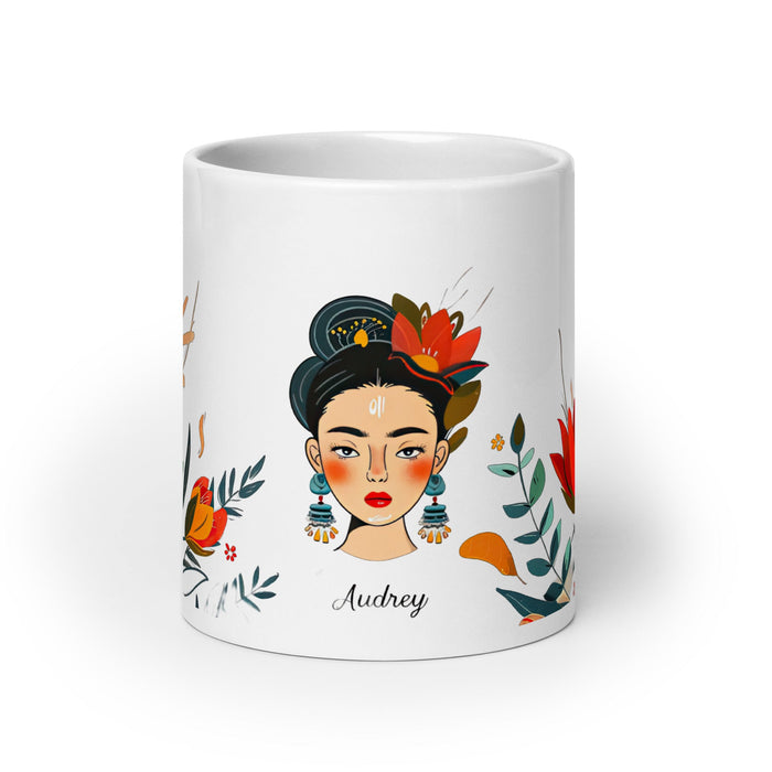 Audrey Exclusive Name Art Piece Home Office Work Coffee Mug Mexican Spanish Pride Gift Cup One - Of - A - Kind Calligraphy White Glossy Mug | A6 - Mexicada