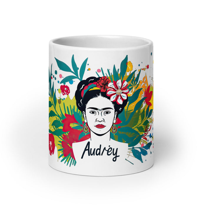 Audrey Exclusive Name Art Piece Home Office Work Coffee Mug Mexican Spanish Pride Gift Cup One - Of - A - Kind Calligraphy White Glossy Mug | A7 - Mexicada