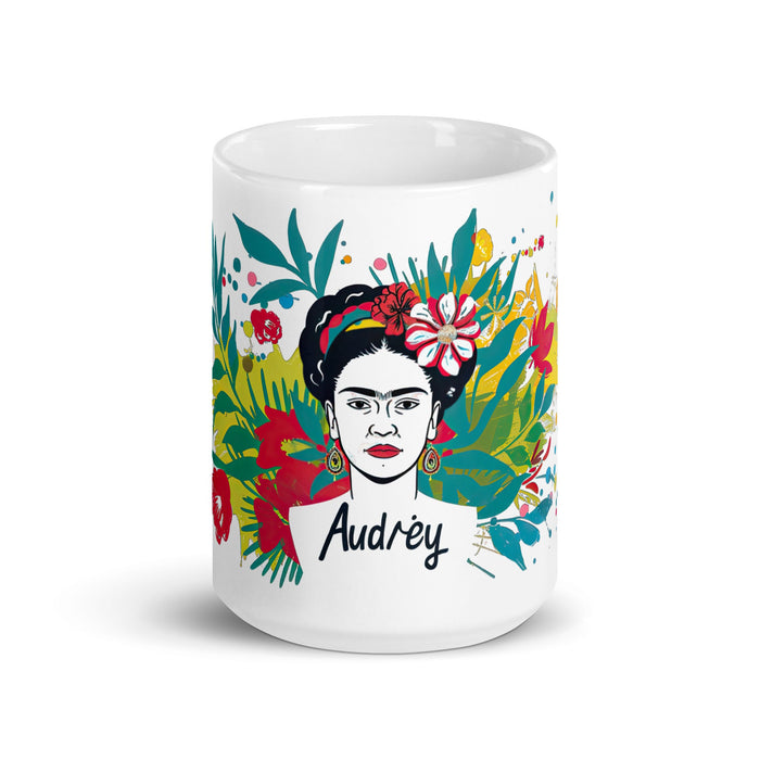 Audrey Exclusive Name Art Piece Home Office Work Coffee Mug Mexican Spanish Pride Gift Cup One - Of - A - Kind Calligraphy White Glossy Mug | A7 - Mexicada