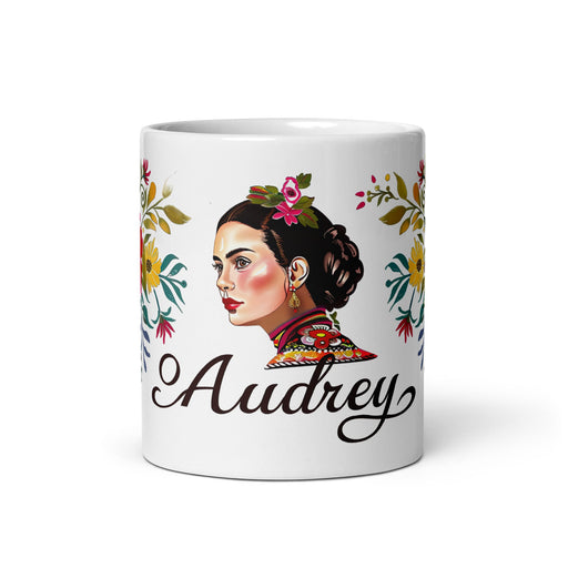 Audrey Exclusive Name Art Piece Home Office Work Coffee Mug Mexican Spanish Pride Gift Cup One - Of - A - Kind Calligraphy White Glossy Mug | A8 - Mexicada