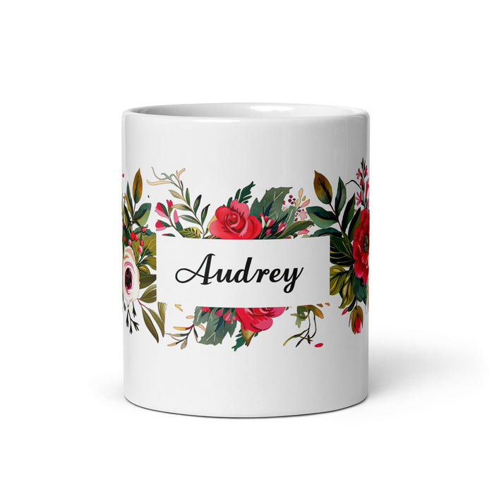 Audrey Exclusive Name Art Piece Home Office Work Coffee Mug Mexican Spanish Pride Gift Cup One - Of - A - Kind Calligraphy White Glossy Mug | A9 - Mexicada