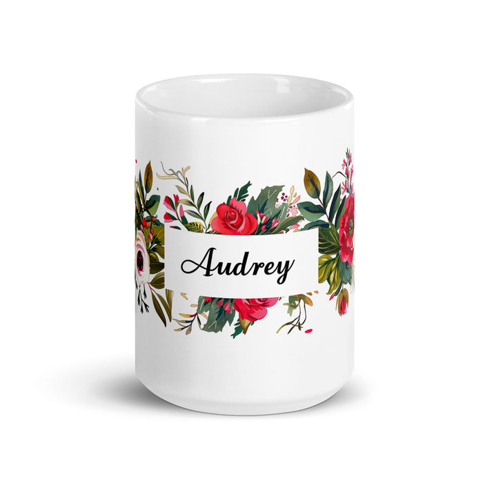 Audrey Exclusive Name Art Piece Home Office Work Coffee Mug Mexican Spanish Pride Gift Cup One - Of - A - Kind Calligraphy White Glossy Mug | A9 - Mexicada