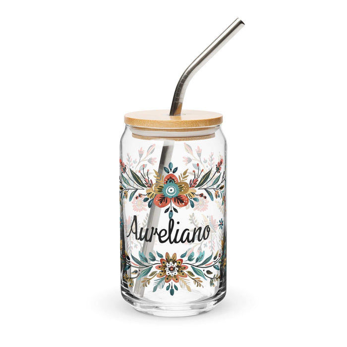 Aureliano Exclusive Name Art Piece Can-Shaped Glass Home Office Work Mexican Spanish Pride Gift Cup One-Of-A-Kind Calligraphy Glass | A21 Mexicada 16 oz With Lid & Straw