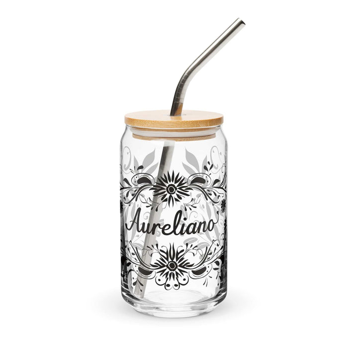 Aureliano Exclusive Name Art Piece Can-Shaped Glass Home Office Work Mexican Spanish Pride Gift Cup One-Of-A-Kind Calligraphy Glass | A5 Mexicada 16 oz With Lid & Straw