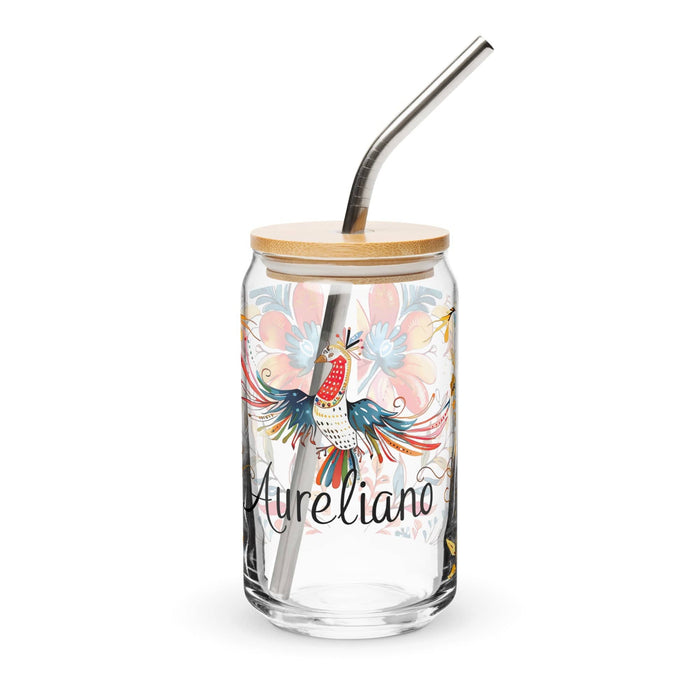 Aureliano Exclusive Name Art Piece Can-Shaped Glass Home Office Work Mexican Spanish Pride Gift Cup One-Of-A-Kind Calligraphy Glass | A8 Mexicada 16 oz With Lid & Straw