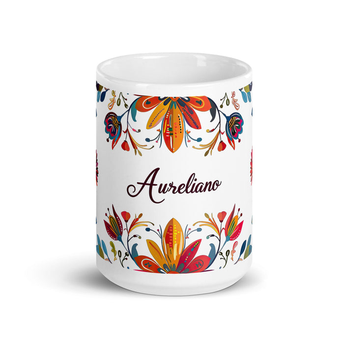 Aureliano Exclusive Name Art Piece Home Office Work Coffee Mug Mexican Spanish Pride Gift Cup One - Of - A - Kind Calligraphy White Glossy Mug | A11 - Mexicada