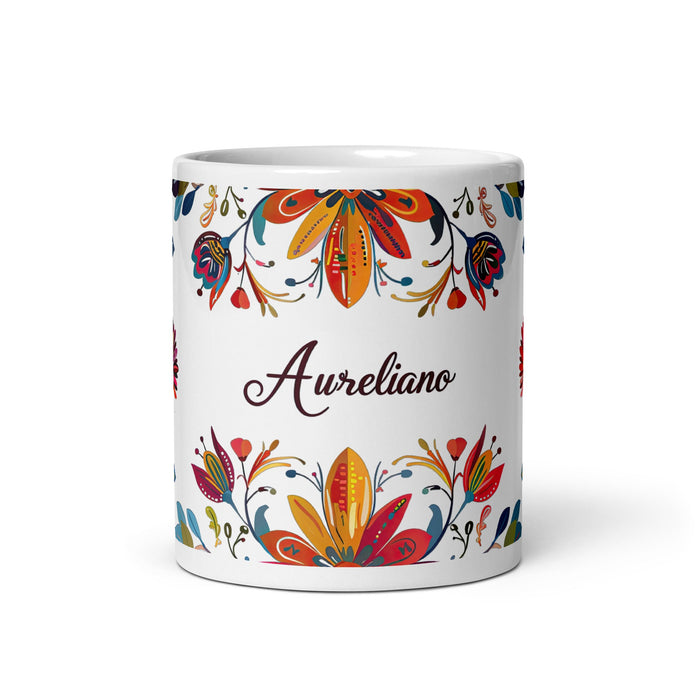 Aureliano Exclusive Name Art Piece Home Office Work Coffee Mug Mexican Spanish Pride Gift Cup One - Of - A - Kind Calligraphy White Glossy Mug | A11 - Mexicada