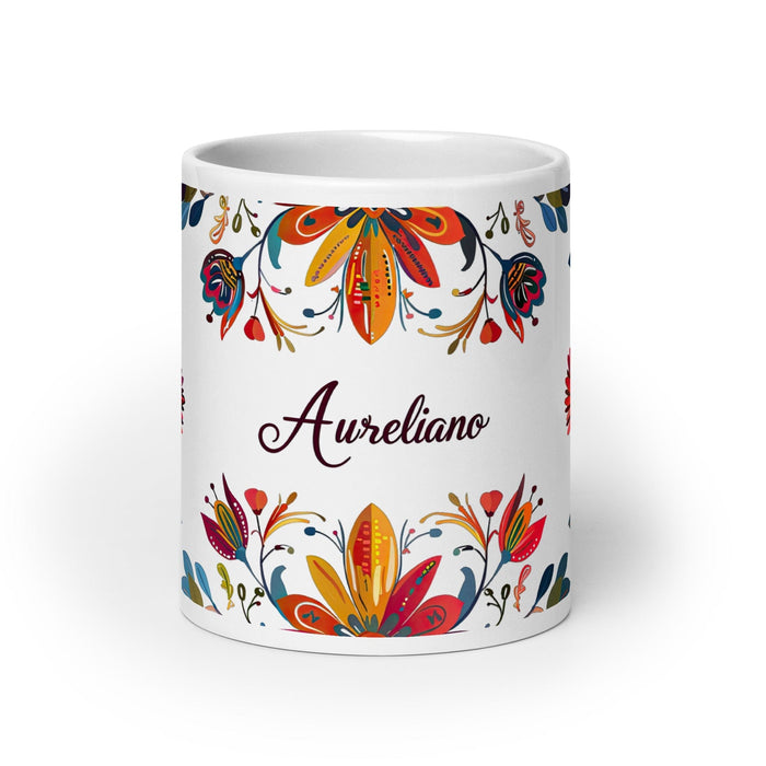 Aureliano Exclusive Name Art Piece Home Office Work Coffee Mug Mexican Spanish Pride Gift Cup One-Of-A-Kind Calligraphy White Glossy Mug | A11 Mexicada