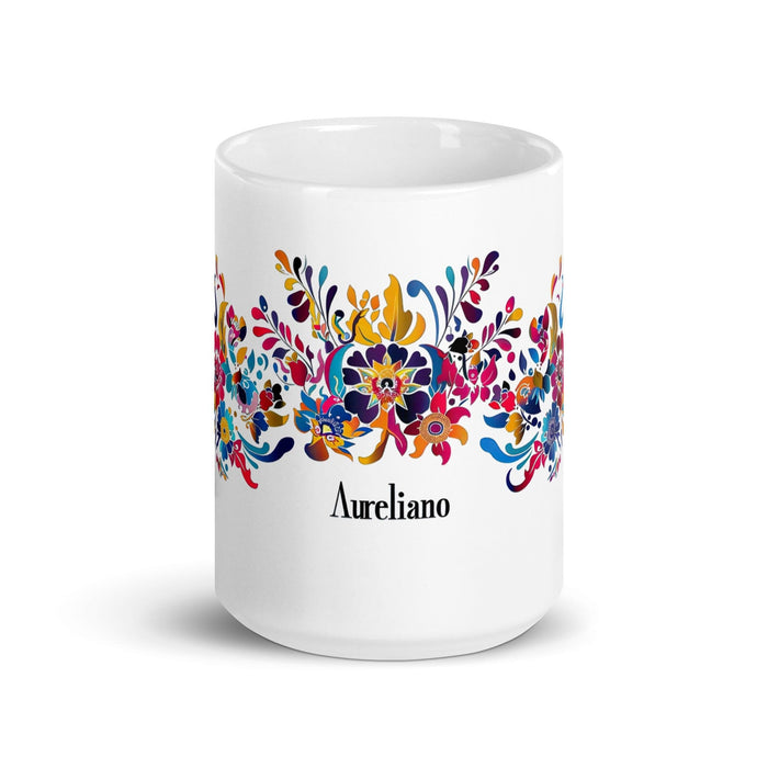 Aureliano Exclusive Name Art Piece Home Office Work Coffee Mug Mexican Spanish Pride Gift Cup One-Of-A-Kind Calligraphy White Glossy Mug | A12 Mexicada