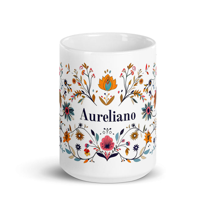 Aureliano Exclusive Name Art Piece Home Office Work Coffee Mug Mexican Spanish Pride Gift Cup One - Of - A - Kind Calligraphy White Glossy Mug | A14 - Mexicada