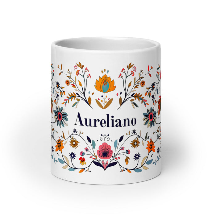 Aureliano Exclusive Name Art Piece Home Office Work Coffee Mug Mexican Spanish Pride Gift Cup One - Of - A - Kind Calligraphy White Glossy Mug | A14 - Mexicada