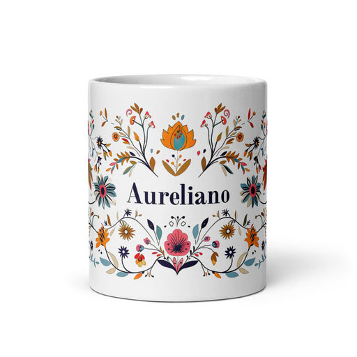 Aureliano Exclusive Name Art Piece Home Office Work Coffee Mug Mexican Spanish Pride Gift Cup One-Of-A-Kind Calligraphy White Glossy Mug | A14 Mexicada