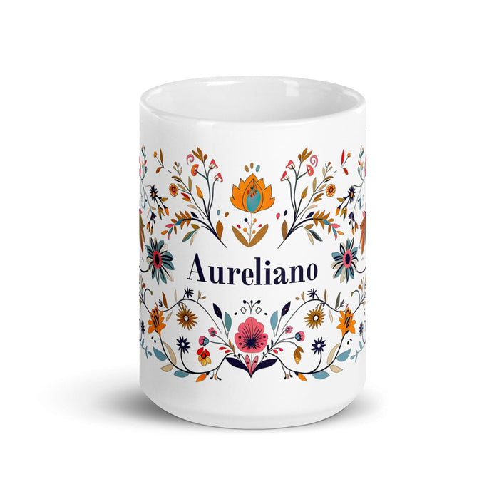 Aureliano Exclusive Name Art Piece Home Office Work Coffee Mug Mexican Spanish Pride Gift Cup One-Of-A-Kind Calligraphy White Glossy Mug | A14 Mexicada